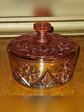 Vintage Imperial Glass-Ohio Iridescent Carnival Glass Covered Candy Box Marigold